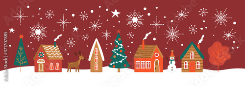 Christmas holiday cute banner design with houses, fir tree ans snowflakes. Childish print for greeting cards, stickers and party invitations