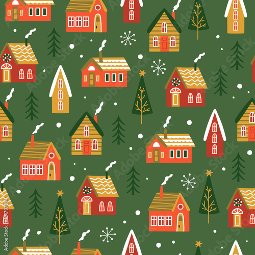 Seamless pattern for Christmas holiday with cute houses and fir trees. Childish background for fabric  wrapping paper  textile  wallpaper and apparel