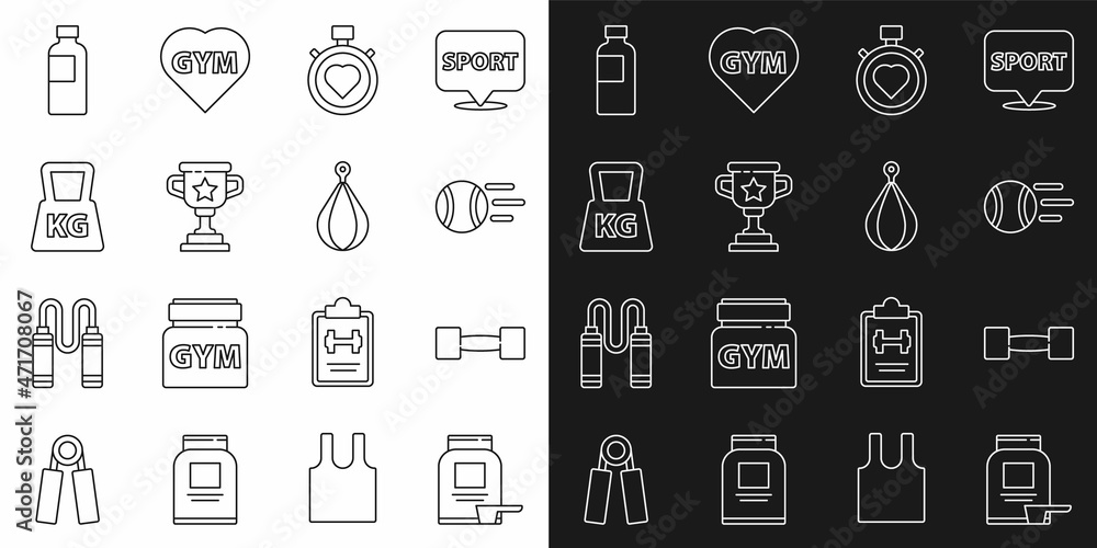 Set line Sports nutrition, Dumbbell, Tennis ball, Heart in the center stopwatch, Award cup, Weight, Fitness shaker and Punching bag icon. Vector Set line Sports nutrition, Dumbbell, Tennis ball, Heart in the center stopwatch, Award cup, Weight, Fitness shaker and Punching bag icon. Vector