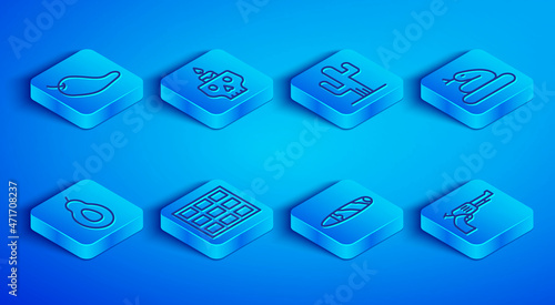 Set line Hot chili pepper pod, Burning candle on a skull, Cactus, Chocolate bar, Cigar, Snake, Avocado and Revolver gun icon. Vector