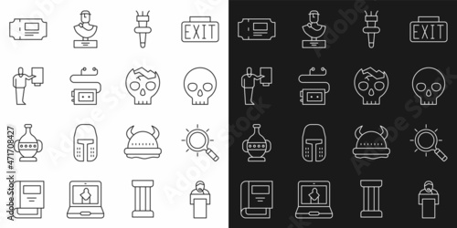 Set line Gives lecture, Magnifying glass, Human skull, Torch flame, Museum audio guide, ticket and Broken human icon. Vector