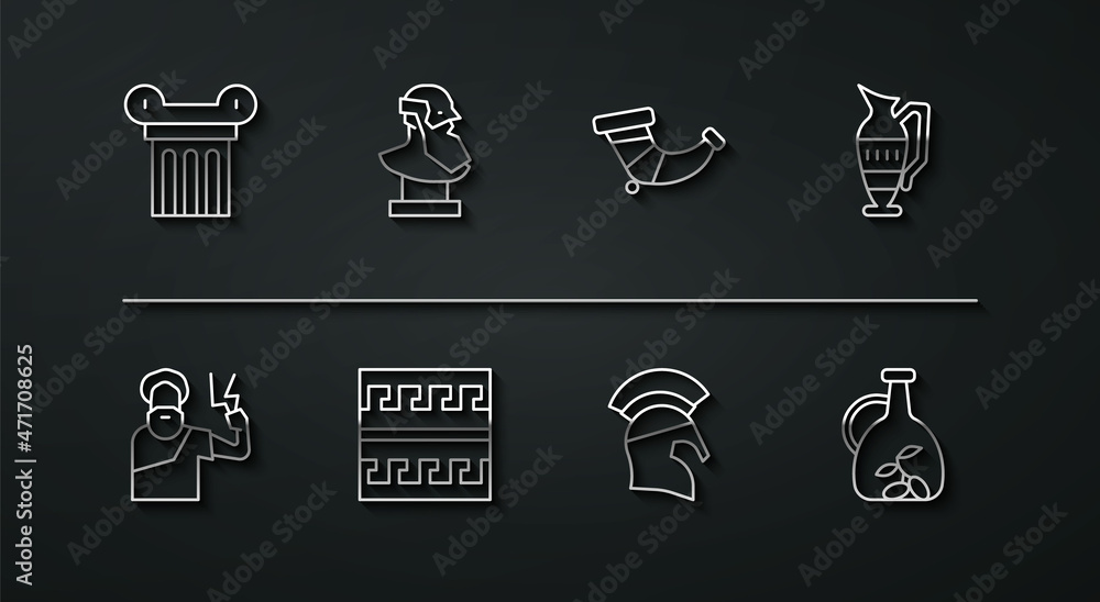 Set line Ancient column, Zeus, amphorae, Greek helmet, pattern, bust sculpture, Bottle of olive oil and Hunting horn icon. Vector Set line Ancient column, Zeus, amphorae, Greek helmet, pattern, bust sculpture, Bottle of olive oil and Hunting horn icon. Vector