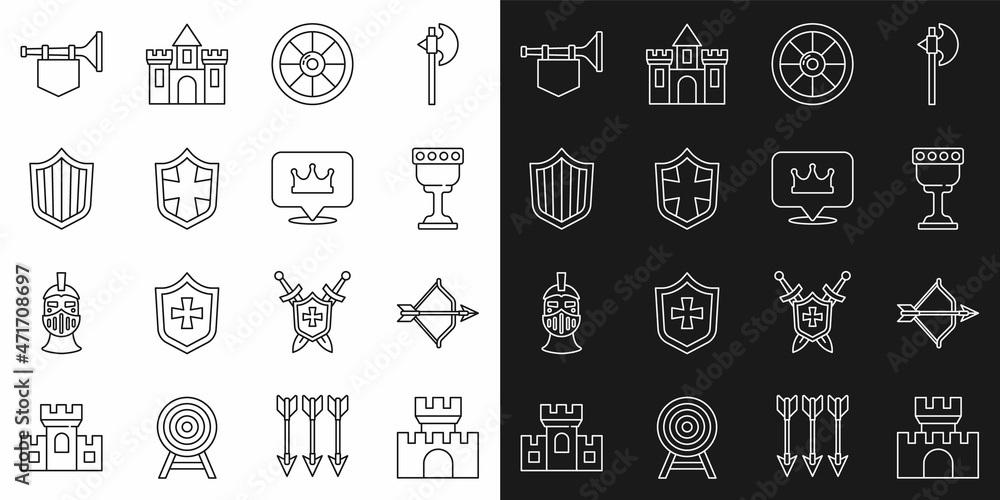 Set line Castle, fortress, Medieval bow and arrow, goblet, Round wooden shield, Shield, Trumpet with flag and Location king crown icon. Vector