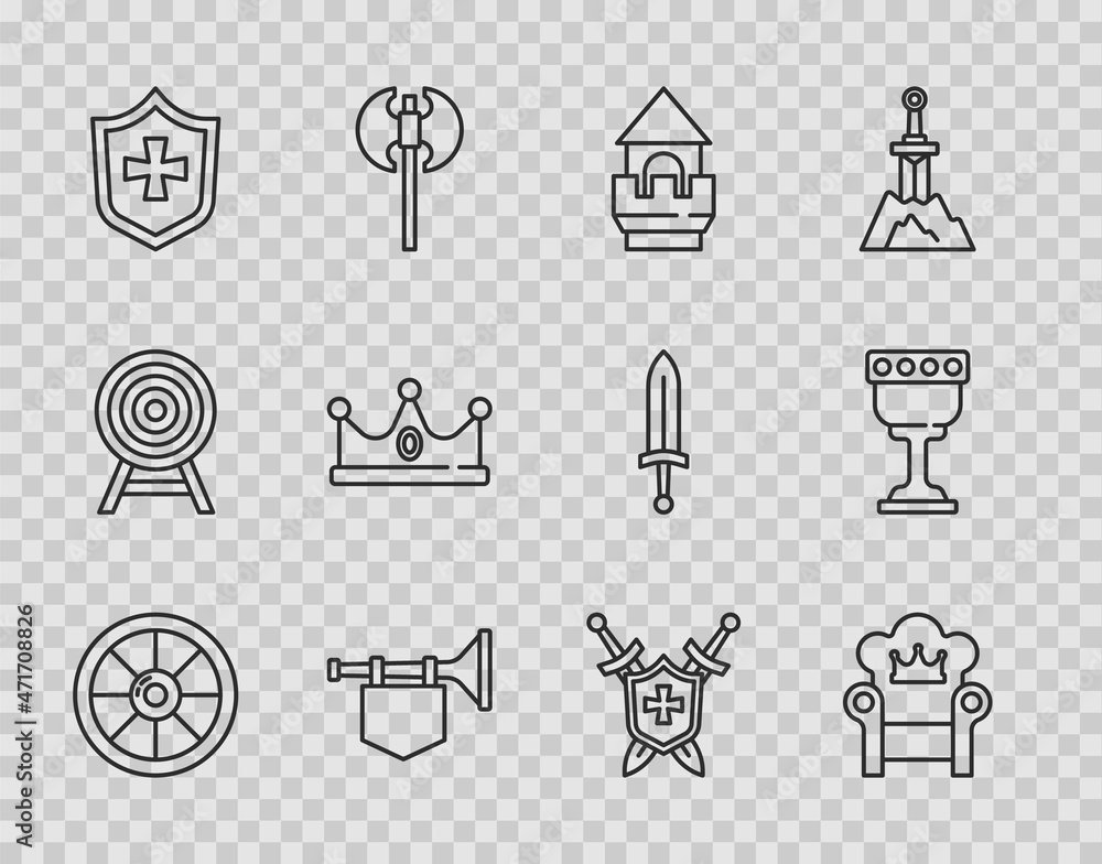 Set line Round wooden shield, Medieval throne, Castle tower, Trumpet with flag, Shield, King crown, swords and goblet icon. Vector Set line Round wooden shield, Medieval throne, Castle tower, Trumpet with flag, Shield, King crown, swords and goblet icon. Vector