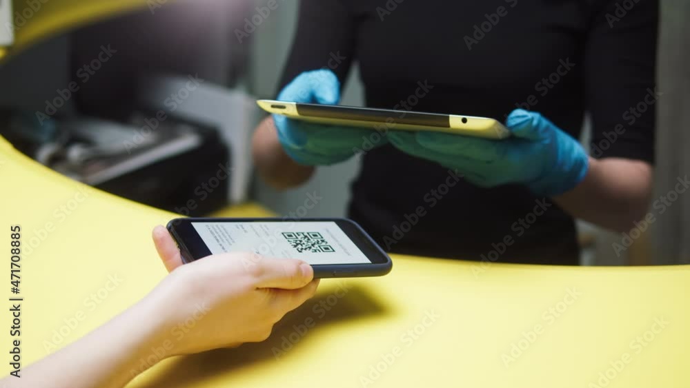 Vaccination passport qr code control, woman checking on phone European ...