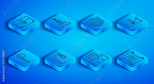 Set line Antique treasure chest, Sword in the stone, Shield, Gallows, Castle, fortress, King crown, Medieval axe and Decree, parchment, scroll icon. Vector