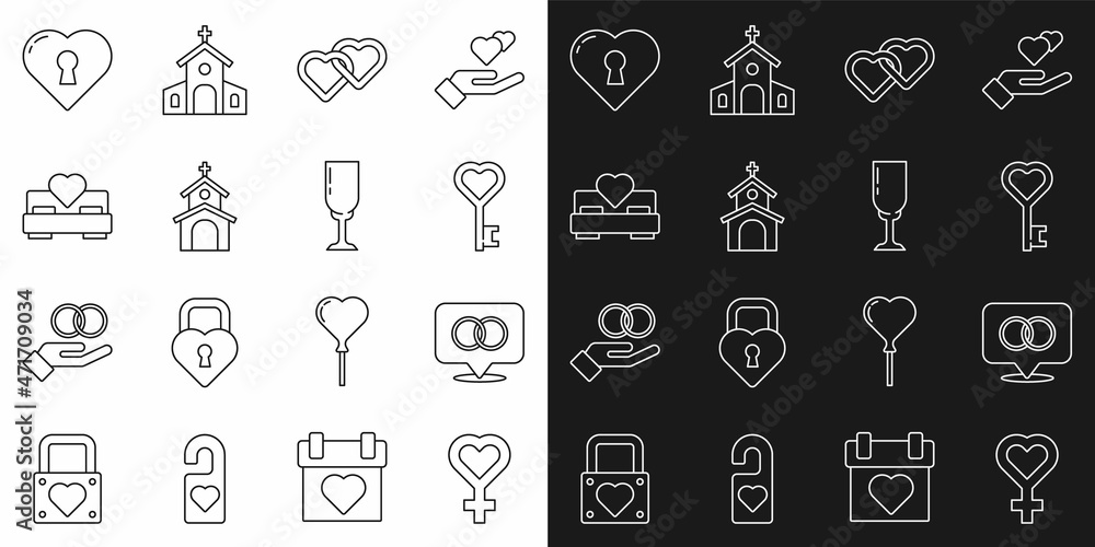 Set line Female gender symbol, Wedding rings, Key heart shape, Two Linked Hearts, Church building, Bedroom, with keyhole and Glass of champagne icon. Vector