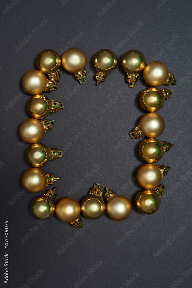 Top view of frame from golden christmas balls. Top view of frame from golden christmas balls.