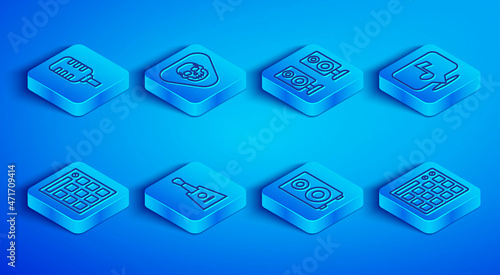 Set line Microphone, Guitar pick, Stereo speaker, Balalaika, Musical note, Drum machine and icon. Vector