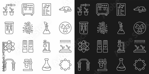 Set line Chemical formula, Automatic irrigation sprinklers, Biohazard symbol, Clinical record, Bacteria, Experimental animal, Pipette and plant and Plant breeding icon. Vector