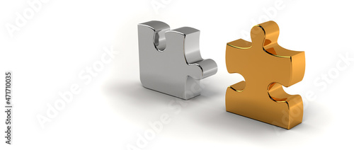 3D rendering. Silver and gold puzzle on a white background. Composite figure. The missing piece of the puzzle. The right decision. Free space for insertion. 3D illustration. photo