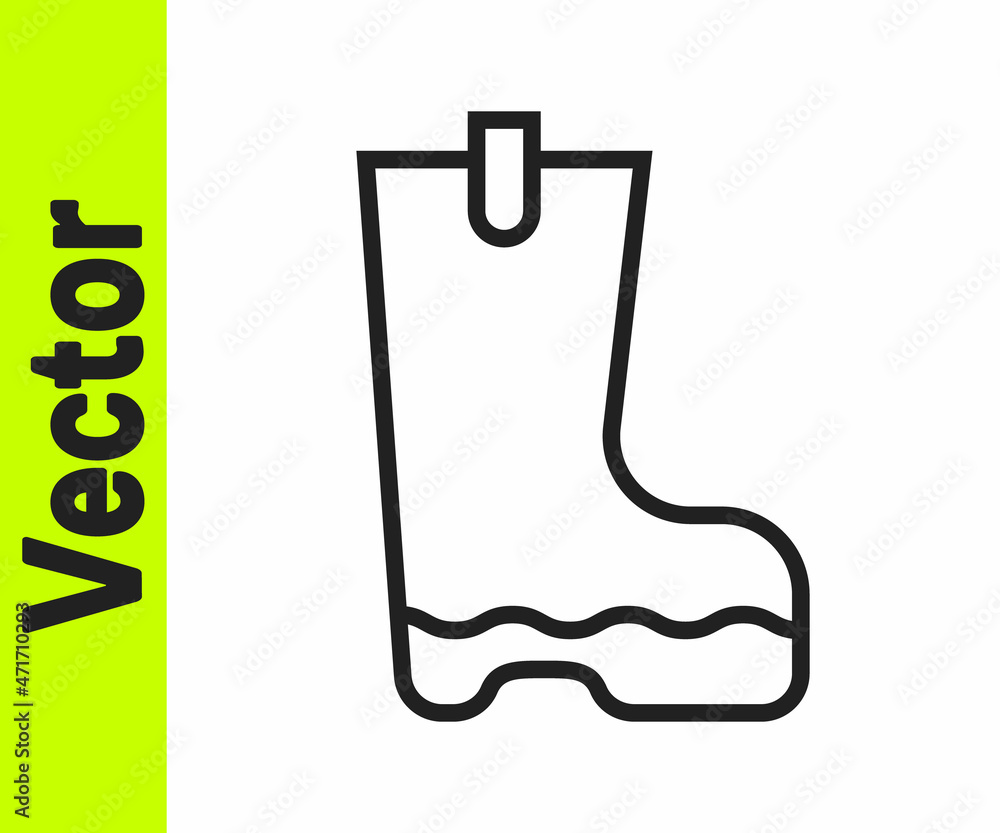 Black line Waterproof rubber boot icon isolated on white background. Gumboots for rainy weather, fishing, gardening. Vector Black line Waterproof rubber boot icon isolated on white background. Gumboots for rainy weather, fishing, gardening. Vector
