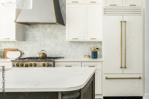 Interior of White Kitchen with Black and Gold Fixtures and Matte White Fridge