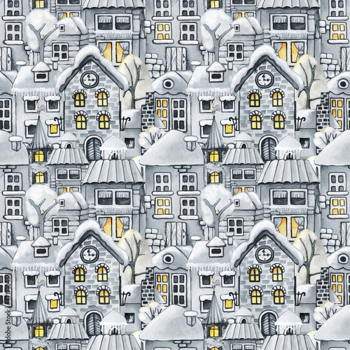 Seamless pattern with town, Christmas snow houses and trees. Winter Landscape. Black white monochrome pattern. Hand drawn watercolor illustration