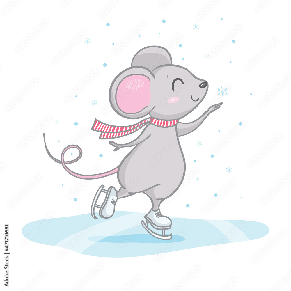 Obraz premium Cute Little Mouse is skating. Wild rat. Freehand drawn silhouette small mouse. Lunar horoscope sign. New Year card, t-shirt composition.