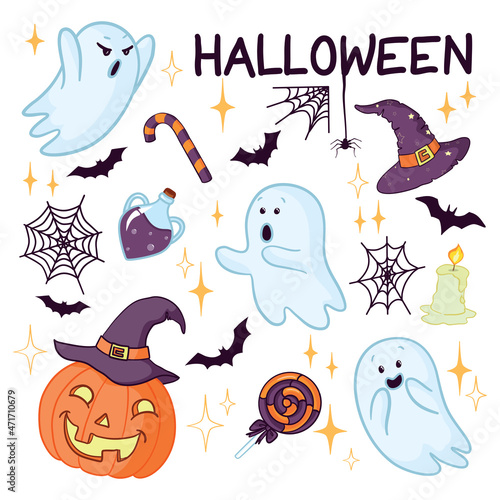 Set vector illustration of quirky fun retro Halloween trick or treat design elements  such as pumpkins  and more.