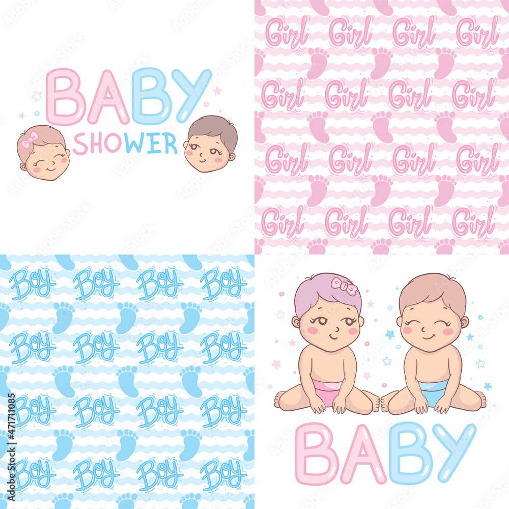 A set of ready-made designs for newborns. This is a boy. It's a girl. Vector illustration. A set of ready-made designs for newborns. This is a boy. It's a girl. Vector illustration.