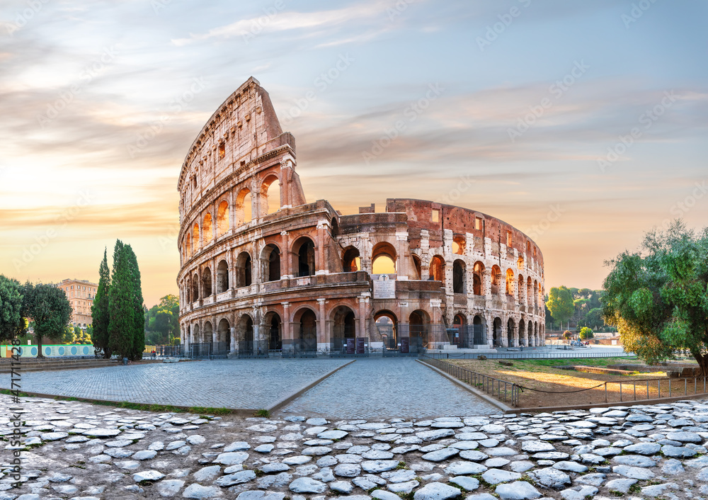 Coliseum in Rome at sunrise, the main summer view, Rome, Italy