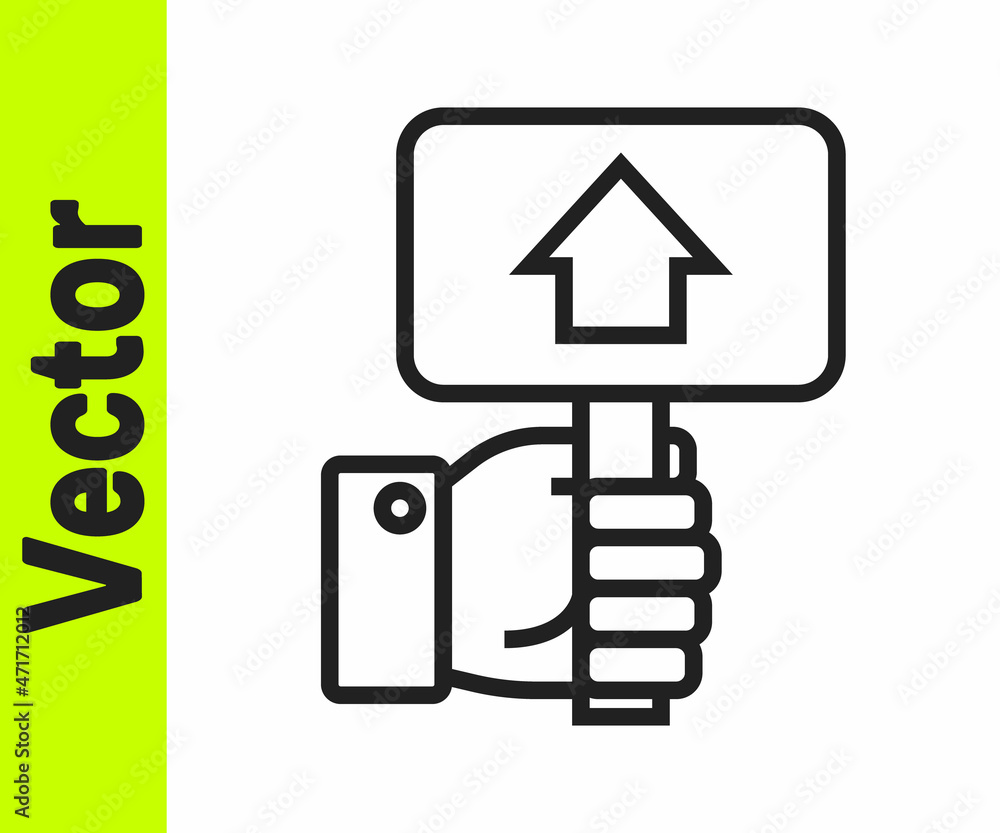 Black line Hand holding auction paddle icon isolated on white background. Bidding concept. Auction competition. Hands rising signs with BID inscriptions. Vector Black line Hand holding auction paddle icon isolated on white background. Bidding concept. Auction competition. Hands rising signs with BID inscriptions. Vector