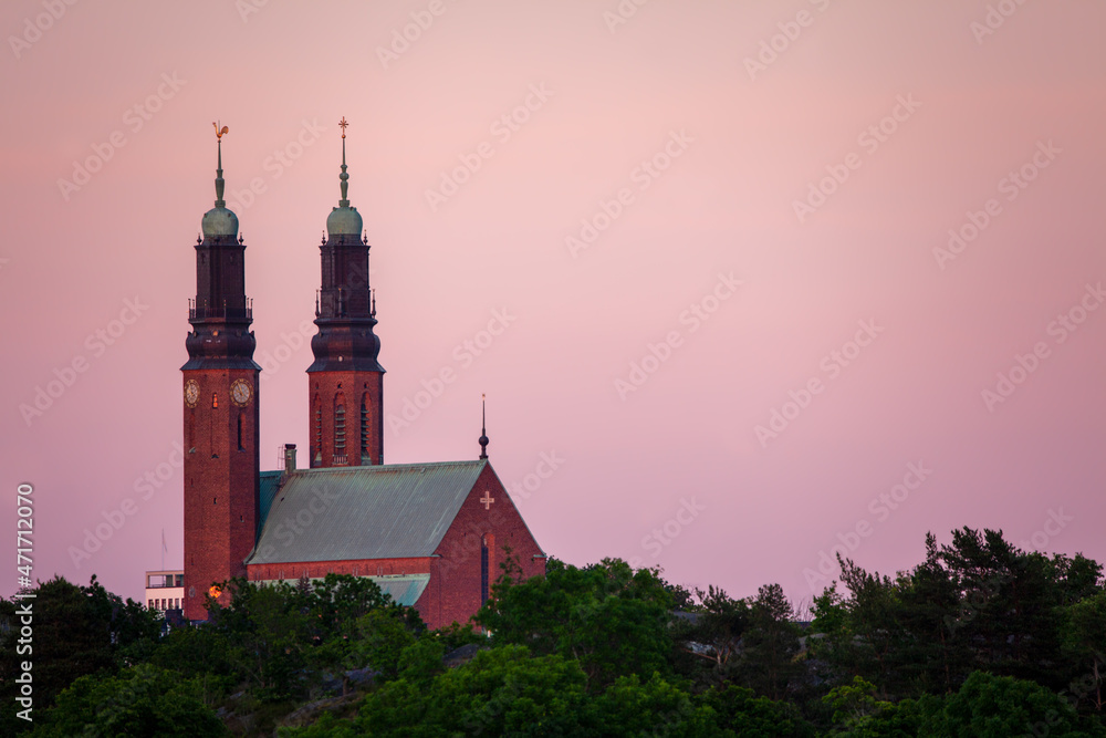 Typical pale late evening light during summer in Scandinavia. The Högalid Church on the island Södermalm in Stockholm, Sweden. 