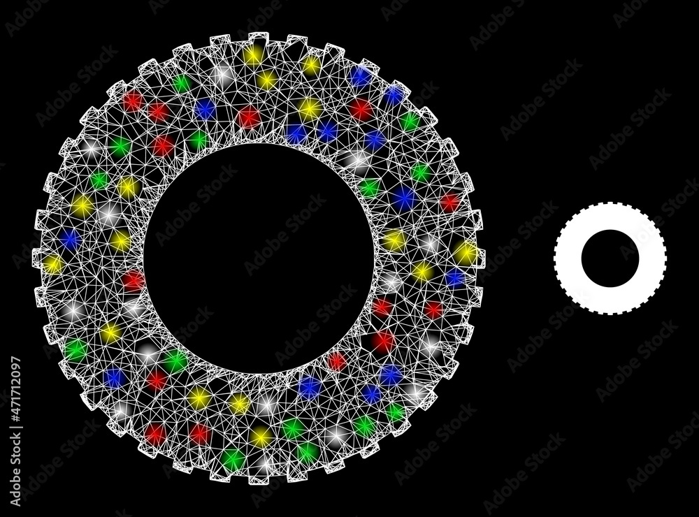 Glossy hatched mesh rubber tire icon with glitter effect on a dark background. Light multicolored vector structure created from rubber tire pictogram, with white mesh and glitter light spots. Glossy hatched mesh rubber tire icon with glitter effect on a dark background. Light multicolored vector structure created from rubber tire pictogram, with white mesh and glitter light spots.