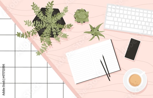 Modern workspace with notebook, smartphone, coffee cup, keyboard and plants on pink table. Top view. Stylish office, freelance space. Vector illustration in cartoon style. Isolated on white background