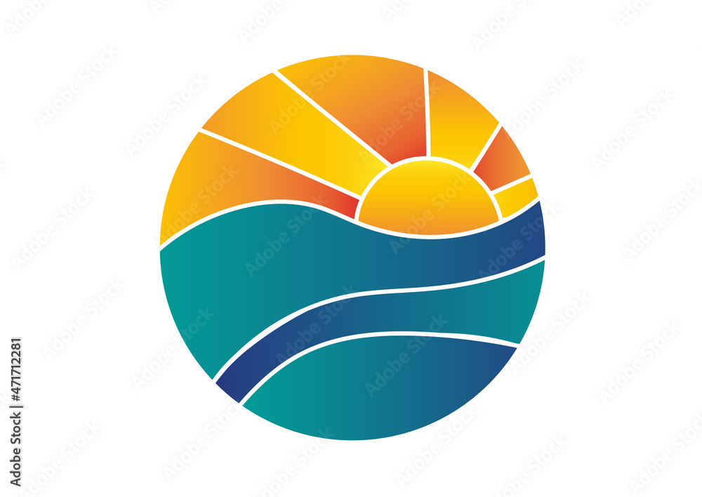 Abstract template with sun logo and sea waves. Travel agency logo on circle seascape background, sun and waves. Round logo for branding, calendar, multicolor card, banner, cover, header for website Abstract template with sun logo and sea waves. Travel agency logo on circle seascape background, sun and waves. Round logo for branding, calendar, multicolor card, banner, cover, header for website