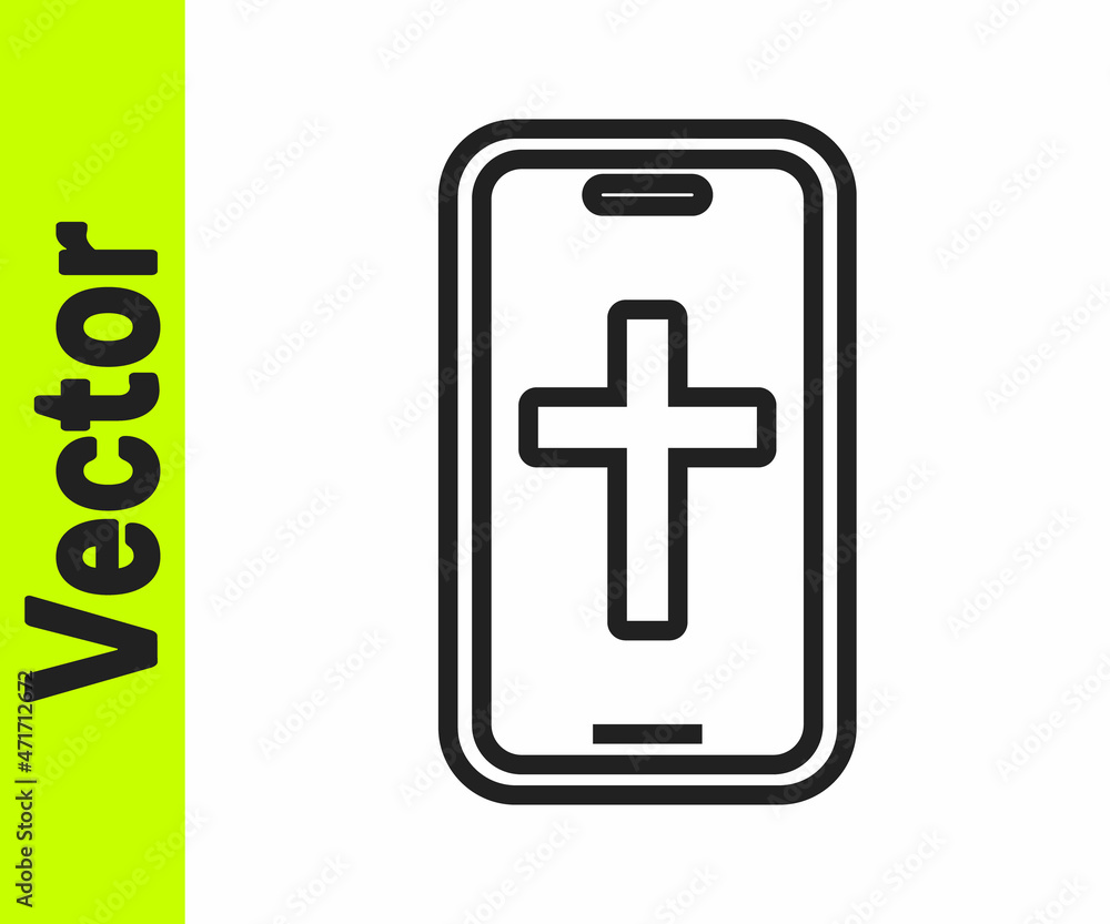 Black line Christian cross on mobile phone icon isolated on white background. Church cross. Vector Black line Christian cross on mobile phone icon isolated on white background. Church cross. Vector