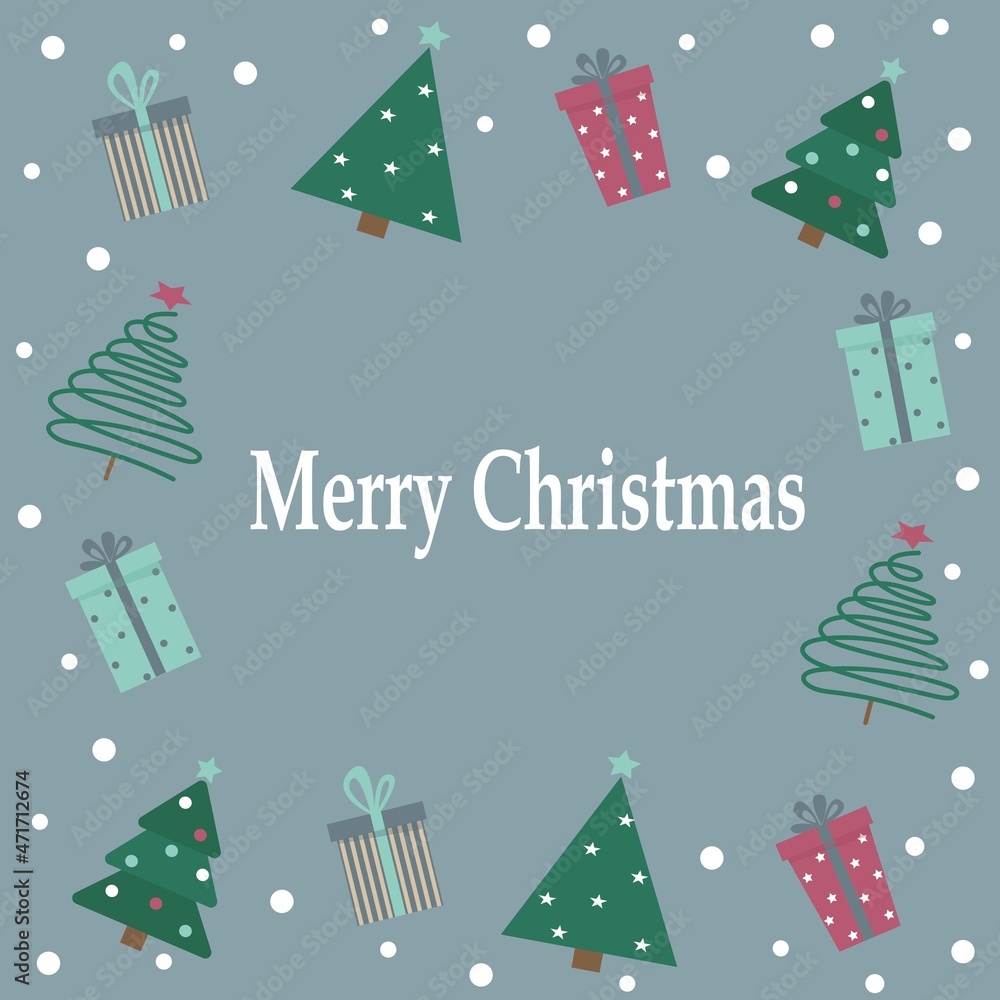 Merry Christmas card with Christmas trees and gifts