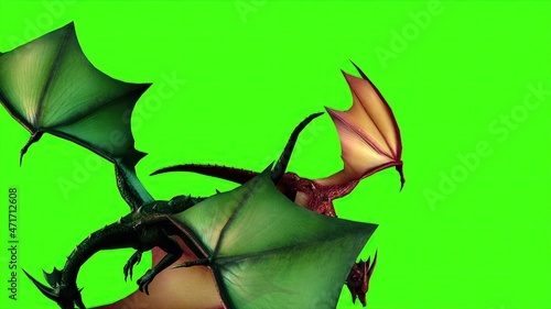 3d illustration - Dragons in fly on green screen. photo