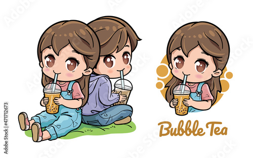 Cute couple enjoying bubble tea