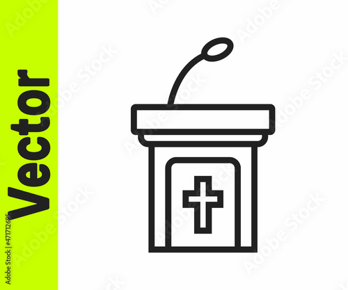 Black line Church sermon tribune icon isolated on white background. The podium of the preacher in the church. Vector