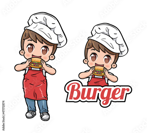 Cute male chef eating a burger