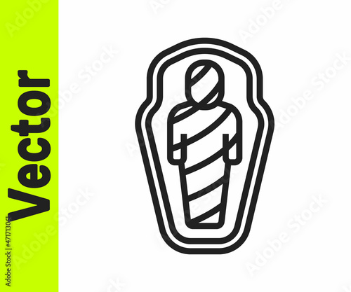Black line Egypt mummy in sarcophagus icon isolated on white background. Vector
