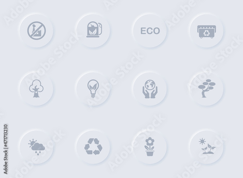 ecology gray vector icons on round rubber buttons. ecology icon set for web  mobile apps  ui design and promo business polygraphy
