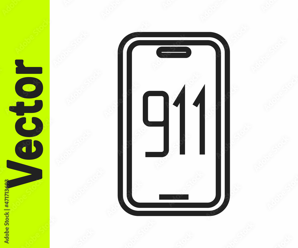 Black line Mobile phone with emergency call 911 icon isolated on white background. Police, ambulance, fire department, call, phone. Vector Black line Mobile phone with emergency call 911 icon isolated on white background. Police, ambulance, fire department, call, phone. Vector