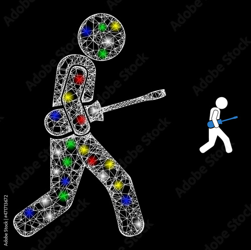 Glossy intersected net screwdriver courier icon with glow effect on a black background. Bright colored vector mesh is created from screwdriver courier icon, with white mesh and glitter light spots.
