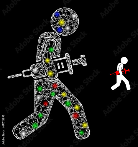 Glossy intersected network vaccine robber icon with glitter effect on a black background. Bright colorful vector mesh is created from vaccine robber icon, with white mesh and glitter lightspots.