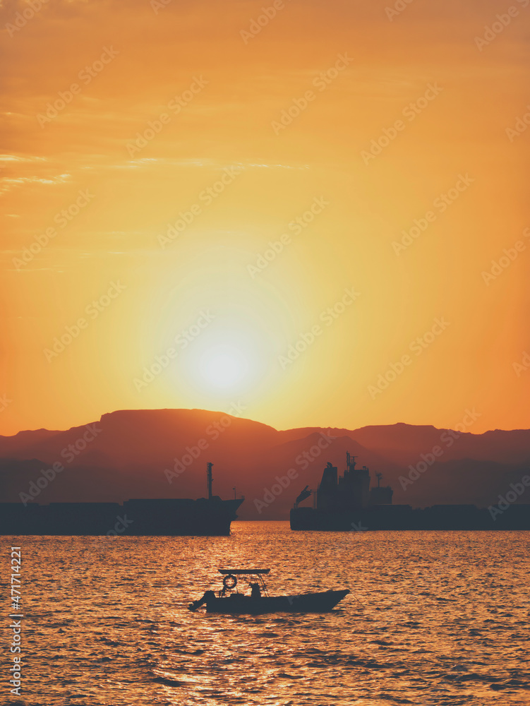 Scenic view at sunset from Aqaba Port , Jordan. Sunset on the Red Sea