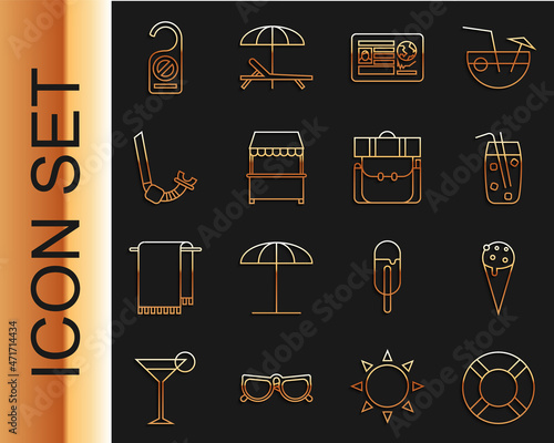 Set line Lifebuoy, Ice cream in waffle cone, Cocktail and alcohol drink, Passport with visa stamp, Street stall awning, Snorkel, Please do not disturb and Hiking backpack icon. Vector