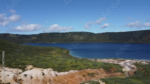 Hot lake in caldera of Golovnin volcano on Kunashir Island, Kuril Islands, Russia.