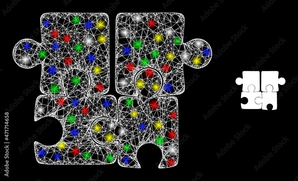 Fotografie Glossy intersected mesh puzzle icon with glow effect on a black background