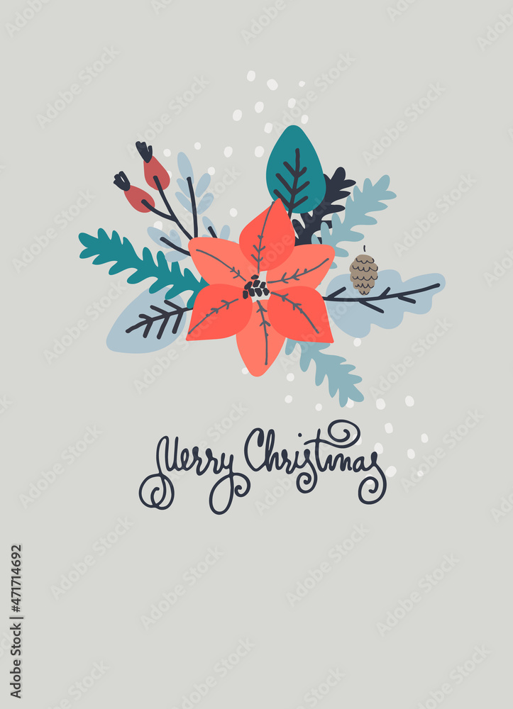 Merry Christmas greeting card template. Minimalistic design with hand lettering and bunch of Poinsettia flower, fir tree branches, leaves, berries on light-colored background