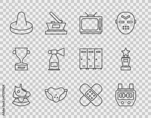Set line Skates, Stopwatch, Retro tv, Protective sport jockstrap, Mallet for playing air hockey, Air horn, Crossed bandage plaster and Award cup icon. Vector