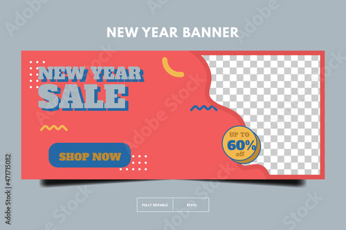 Horizontal banner template. Social media promotion template. New year sale 80s retro post template. memphis social media design.