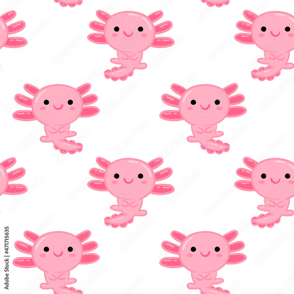 Cute Axolotl Seamless Pattern. Cartoon animal background Colorful Vector background for kids, textile, pattern fabric, wallpaper.