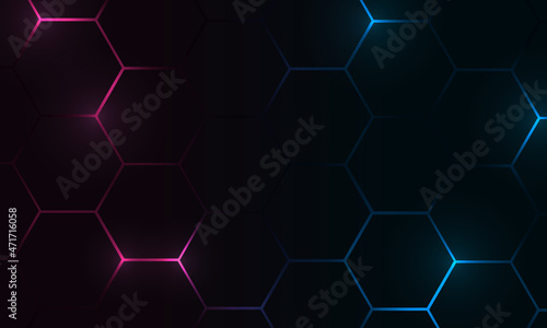 Technology hexagon dark futuristic abstract vector background with pink and blue colored bright flashes under hexagon. Hexagonal gaming honeycomb abstract background.