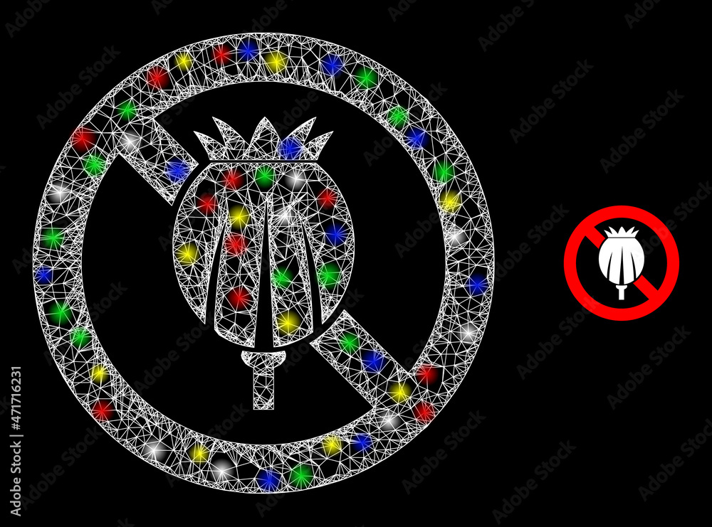 Glossy intersected network stop opium poppy icon with glitter effect on a black background. Bright colorful vector mesh created from stop opium poppy icon, with white mesh and bright light dots.