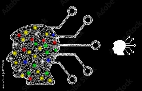 Glossy irregular net neural link icon with glow effect on a black background. Light multi colored vector mesh created from neural link icon, with white mesh and vibrant light dots.