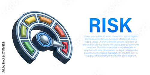 Risk icon on speedometer. High risk meter. 3D illustration.